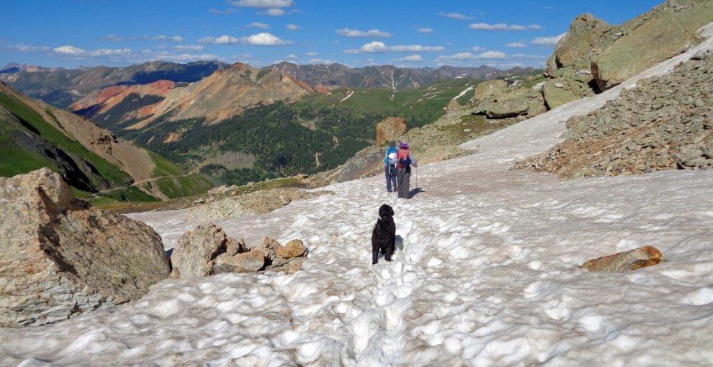 Penny, Julie & Bella cross the final snowfield to the jeep (photo by Jane M Johnson)