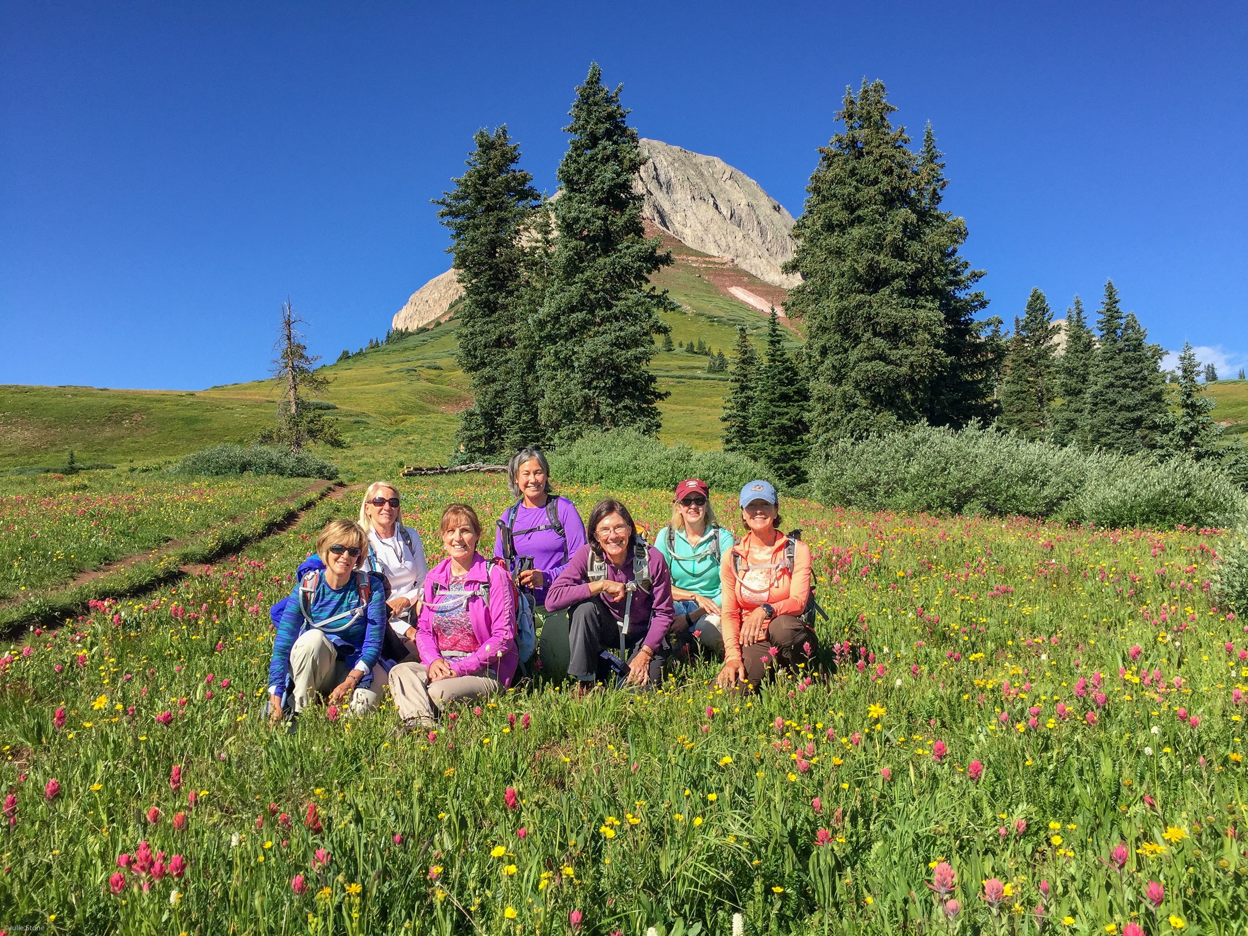 Group shot taken in Engineer Meadow. The wildflowers are incredible. But where is Marcie???