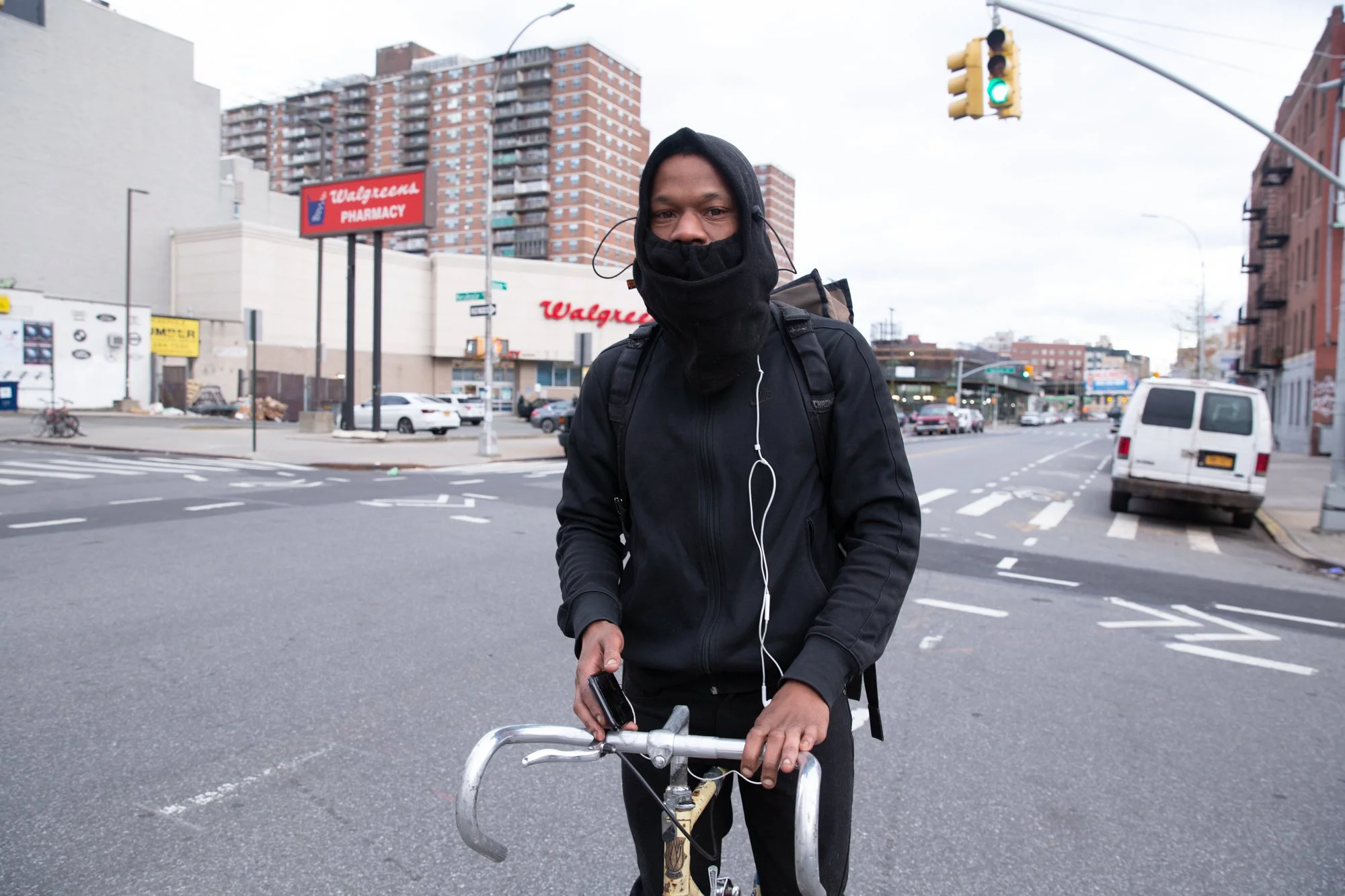       Delivery Bikers   Plastic bags used as protection against cold and rain, bright cubic backpacks, handlebars wrapped in tape. These details form a visual language that identifies delivery bikers across New York City.  When the city was hit by th