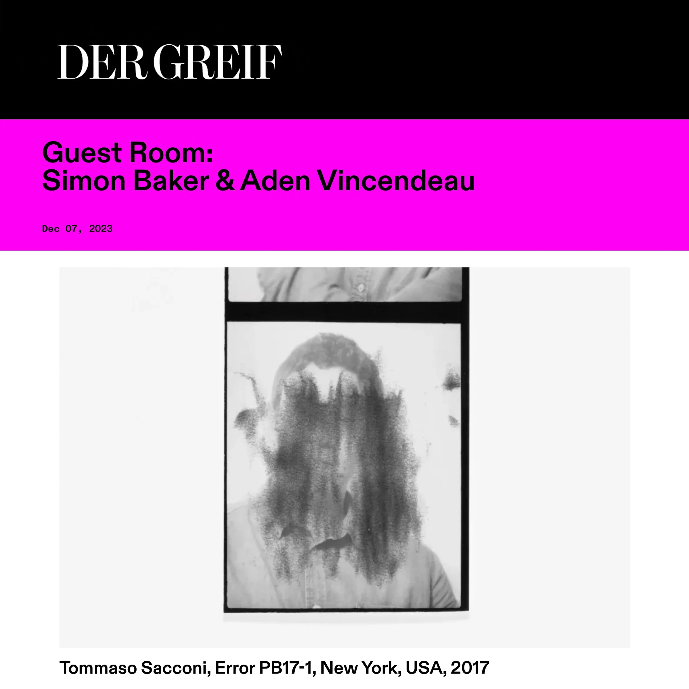 Der Greif Guest Room announcement featuring Error PB17-1 from the Error / Portraits series by Tommaso Sacconi