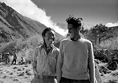   Edmund Hillary and Tenzing Norgay at the Everest base camp, after the climb. (  UPI/Bettmann)  