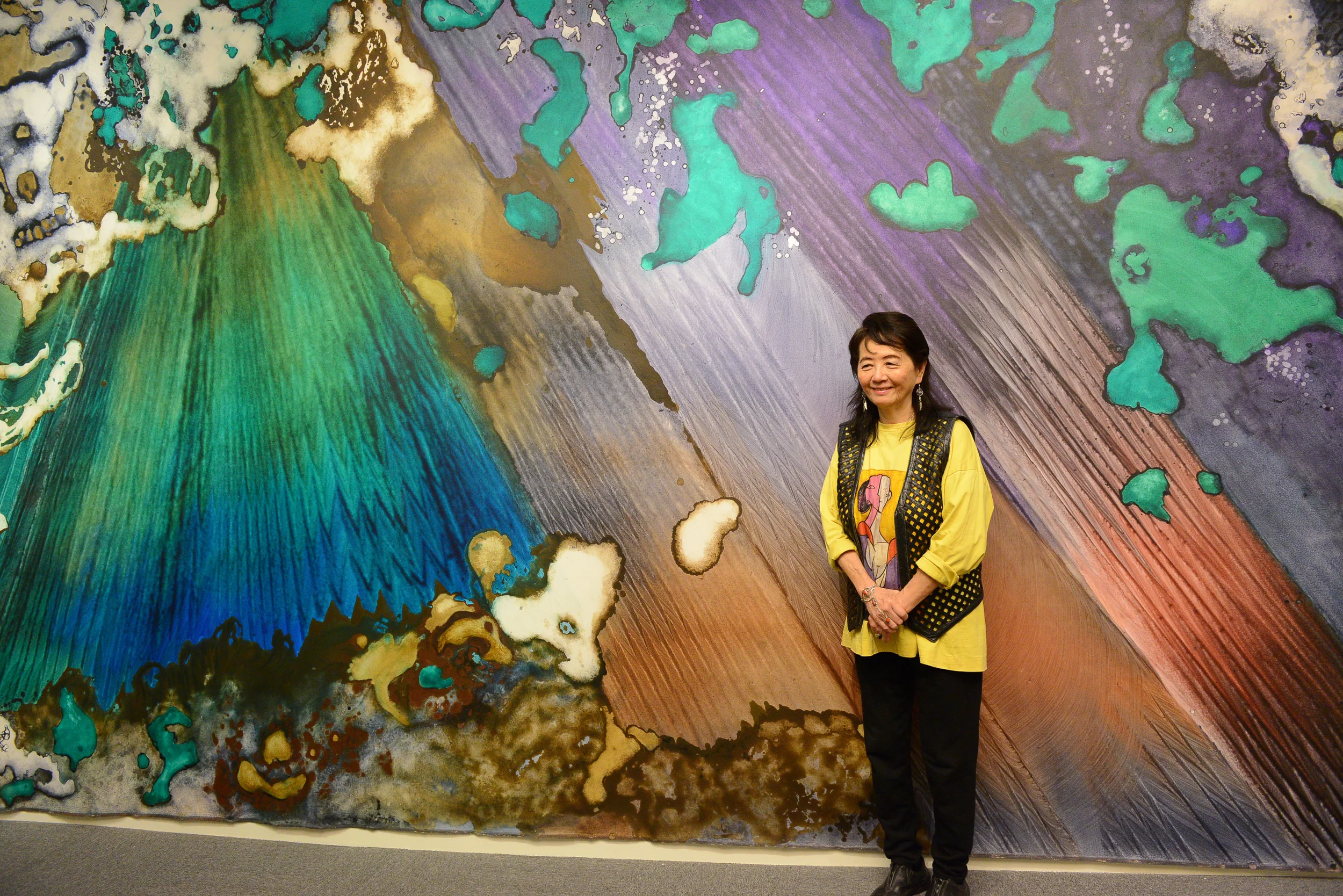 Marlene Tseng Yu with “Emerald Forest” 2010 Acrylic on canvas 10x20 feet