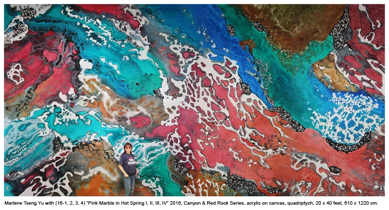 Marlene Yu with “Pink Marble in Hot Spring I, II, III, IV” 2016, Canyon and Red Rock Series, acrylic on canvas, quadriptych 20 x 40 feet, 610 x 1220 cm.