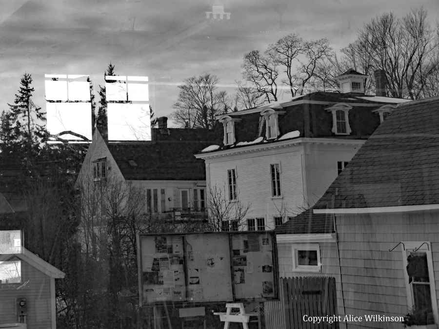 village street, reflected, b/w