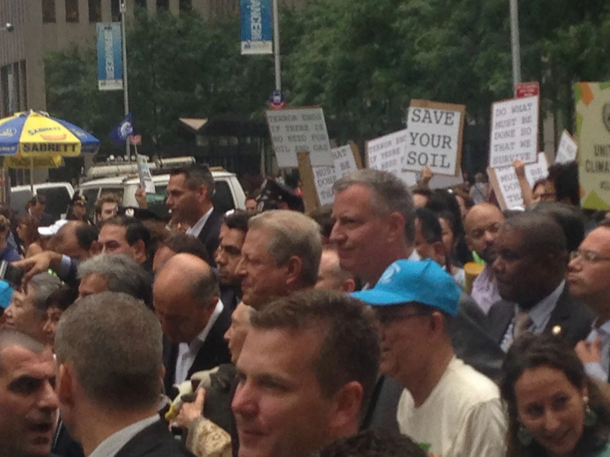 Ban Ki-moon, Jane Goodall, Al Gore & Bill de Balsio in the crowd.