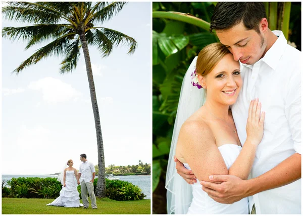 bride and groom portraits under palm trees