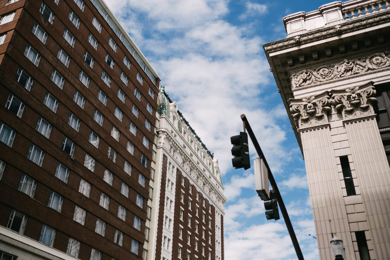  Downtown Portland buildings with blue skies 