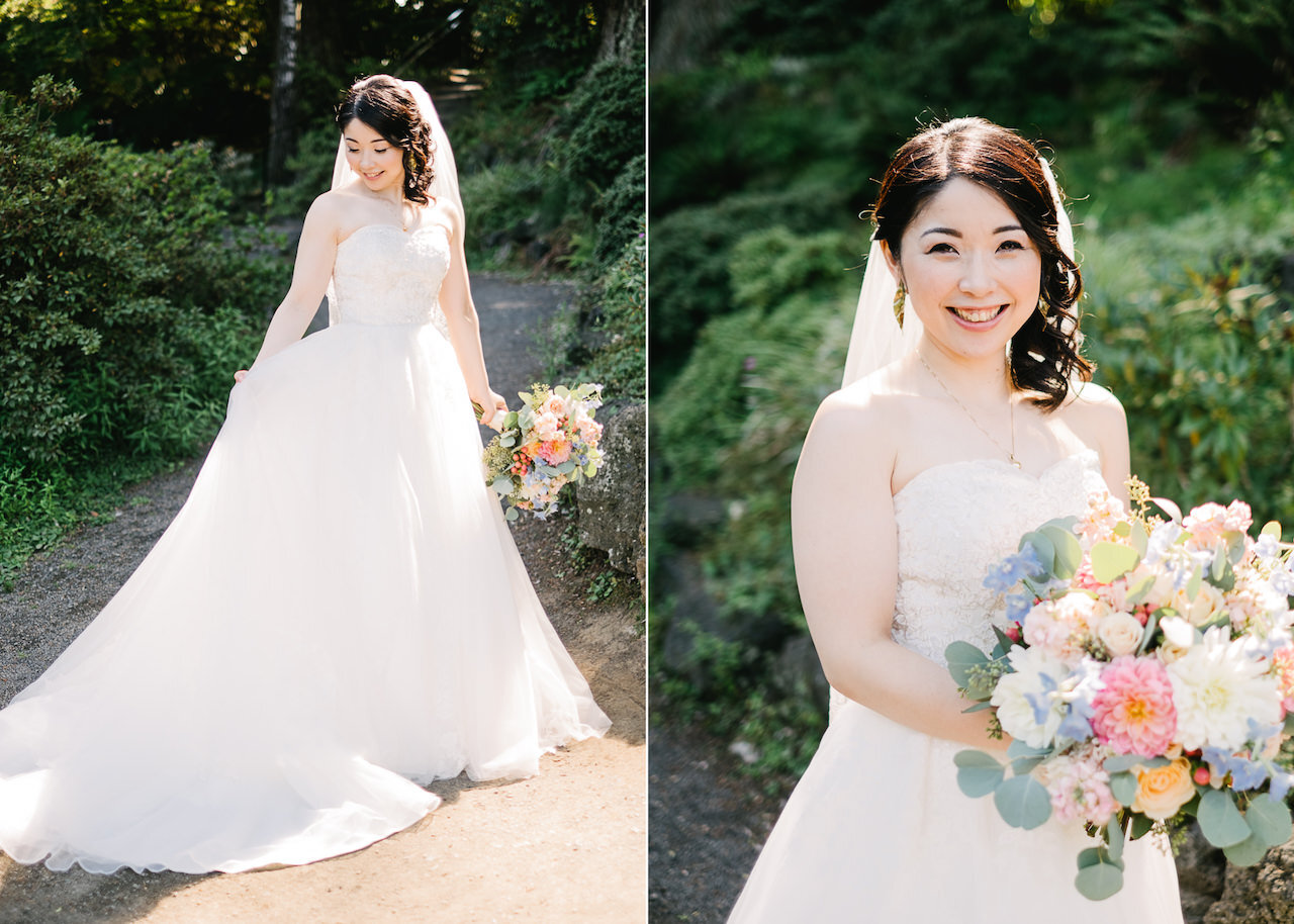  Bridal portraits in sunlight at crystal springs with peach, white, and blue hydrangea bouquet 