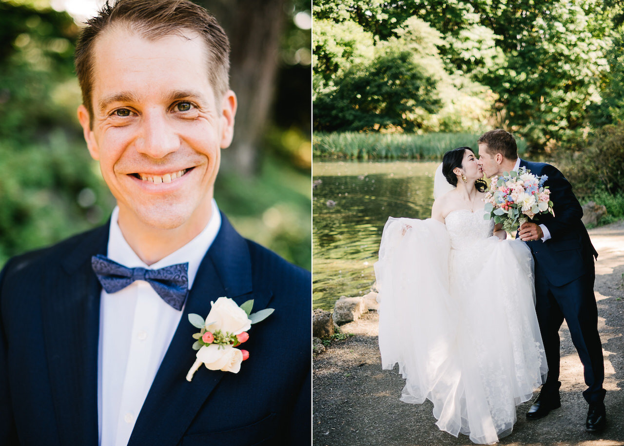  Close up portrait of groom with white and pink boutonniere and blue bowtie 