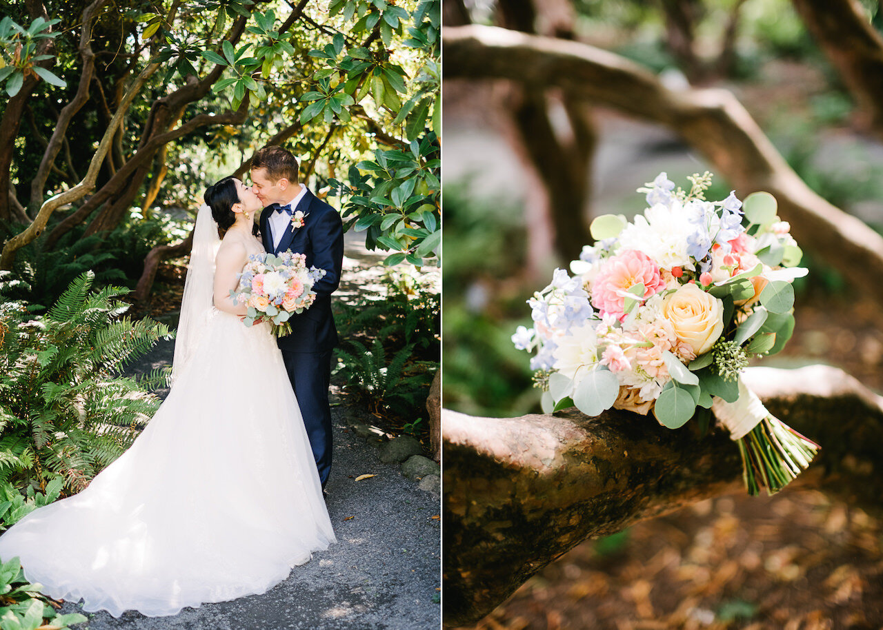  Kiss of bride and groom under rhododendrons and closeup of bridal bouquet with peach roses, blue hydrangeas and red berries 