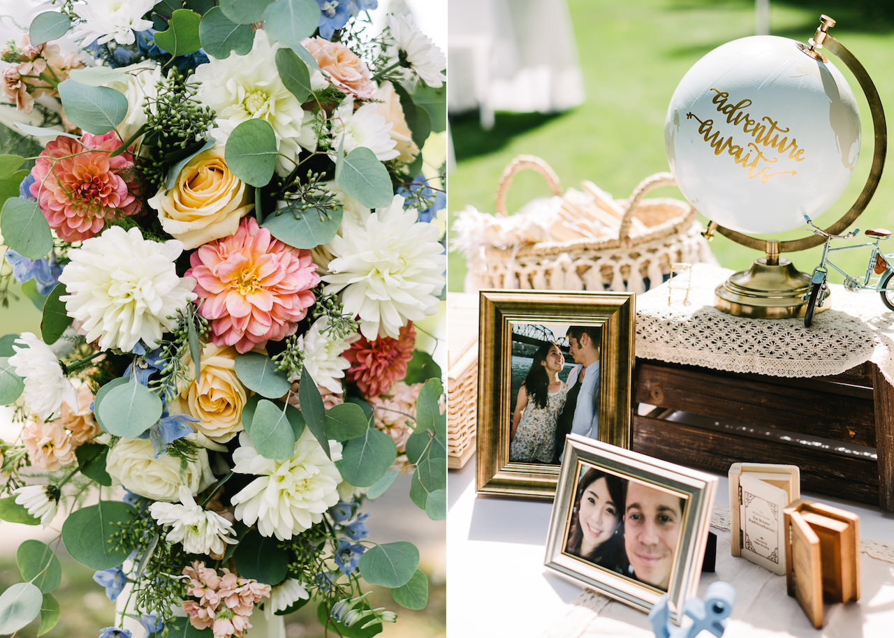  Guest welcome table with candid pictures and travel globe 