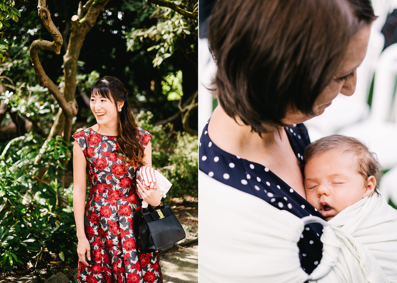  Wedding guest with bright red floral dress 