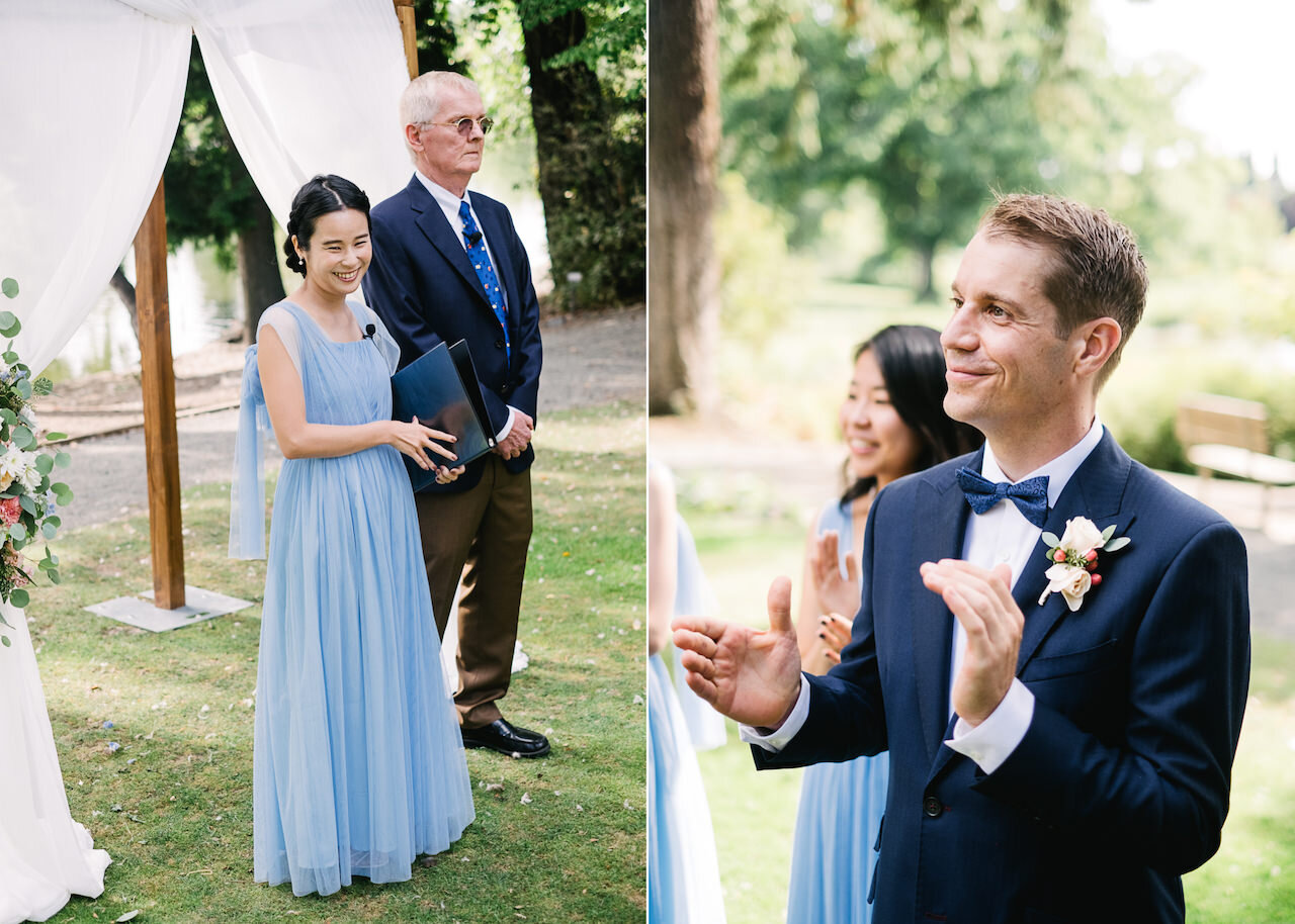 Officiant in blue dress smiling during wedding ceremony 