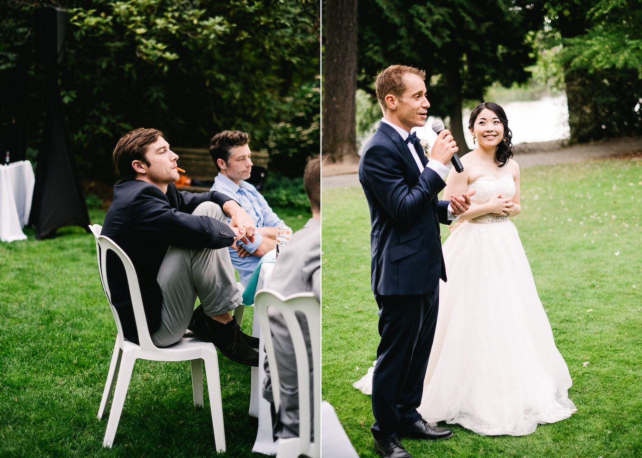  Wedding guest sits on lawn chair with carrot in his mouth 