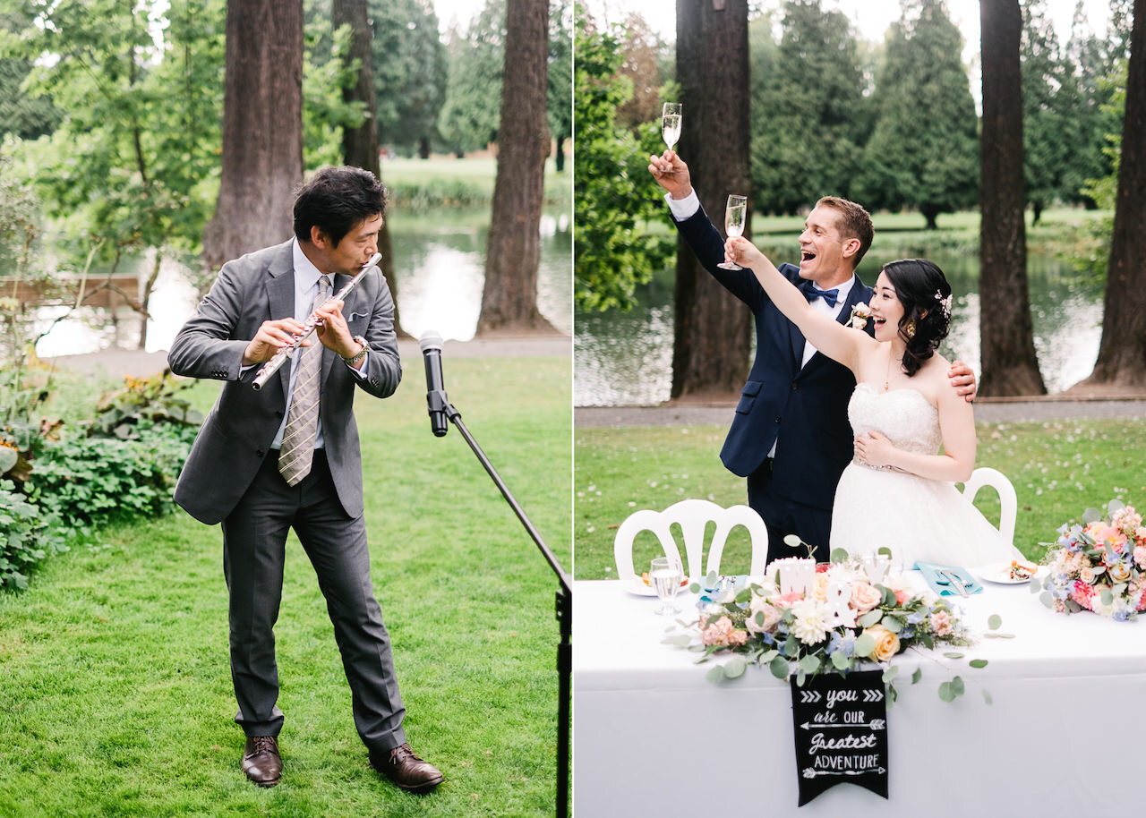  Bride and groom share big cheers to guest playing flute 