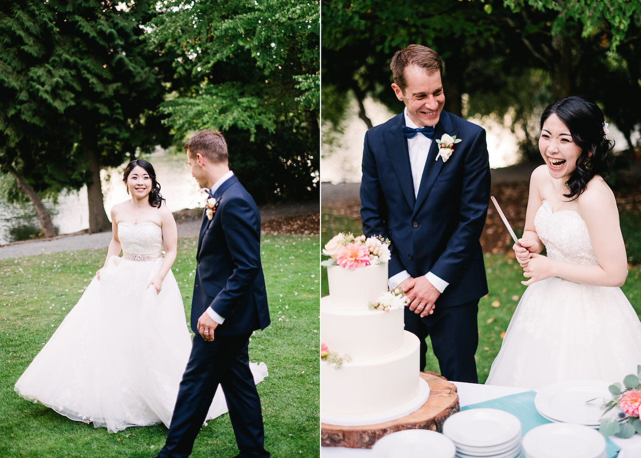  Bride holds cake cutting knife laughing 