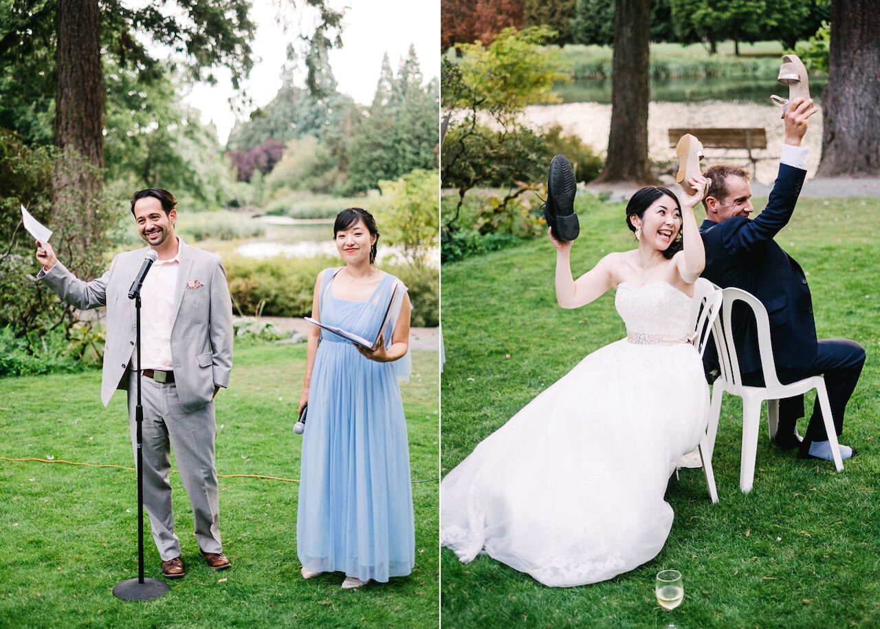  Wedding guests share toast at microphone 