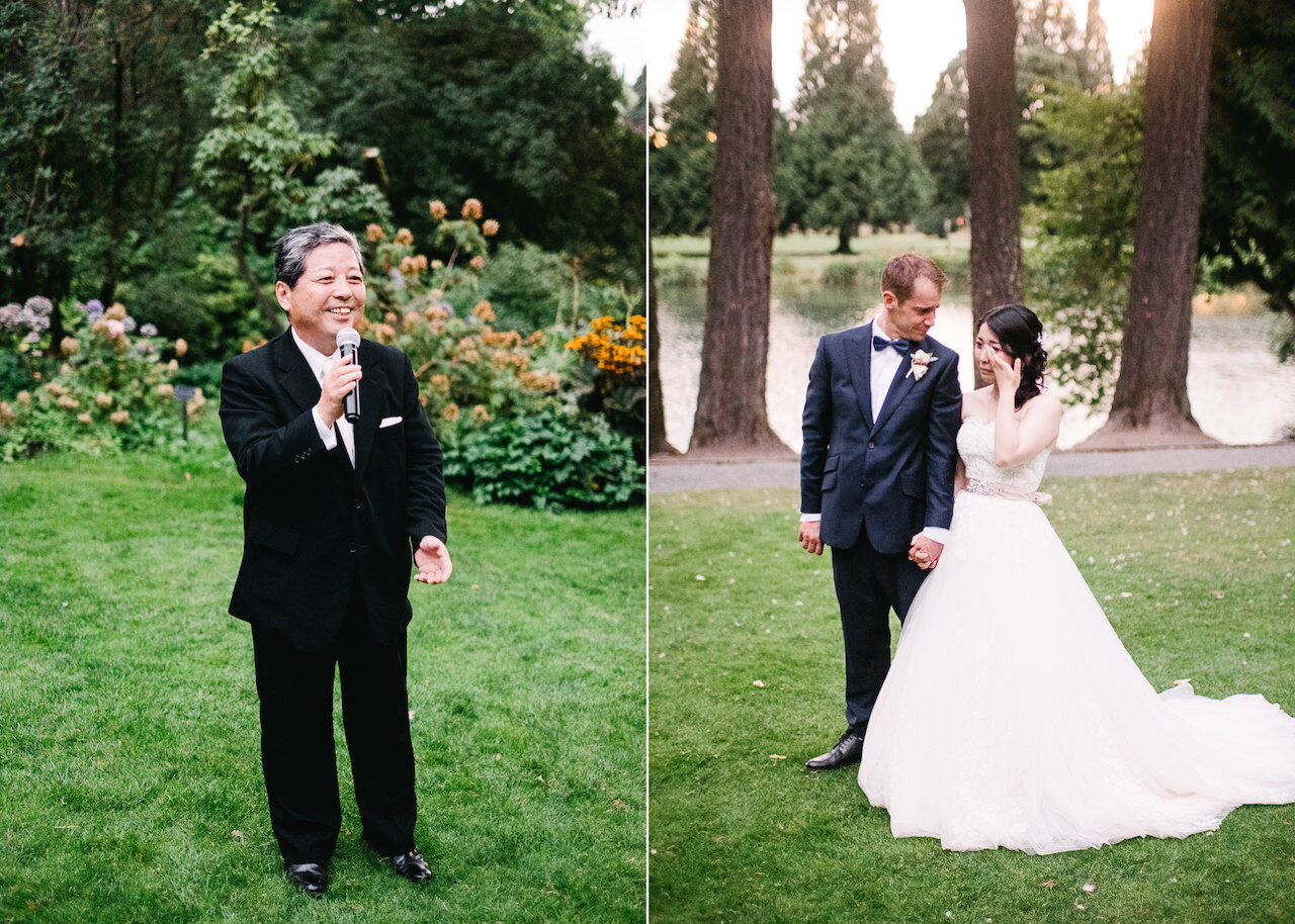  Bride tears up while father sings a song at outdoor wedding reception 