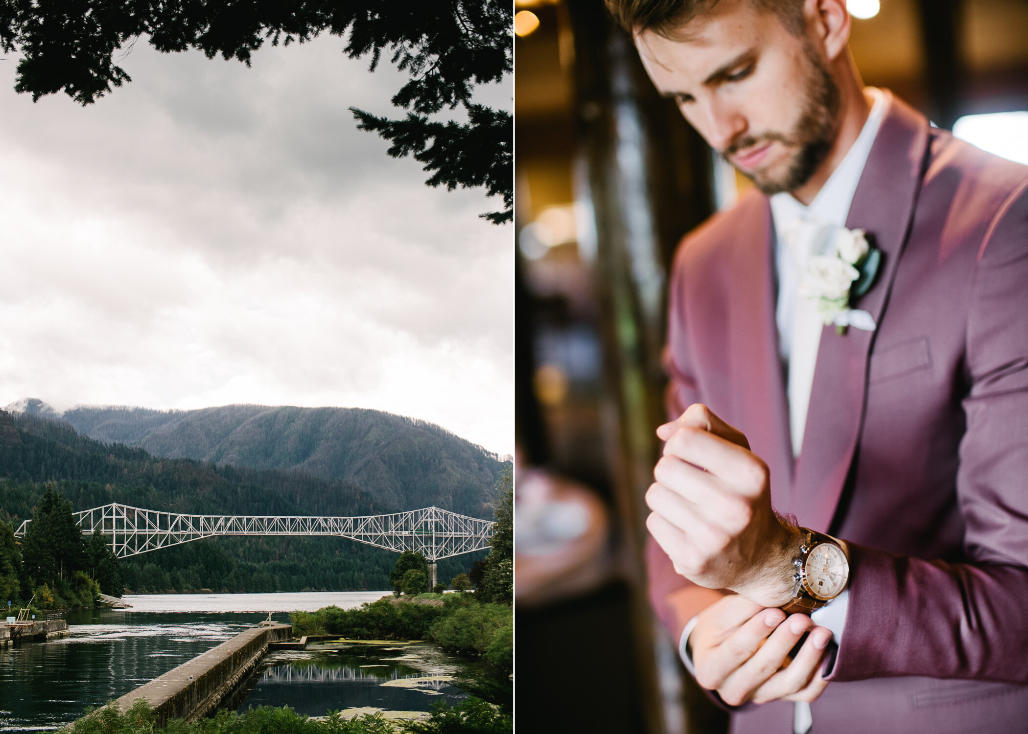  Groom in purple suit puts on watch with the bridge of the gods 