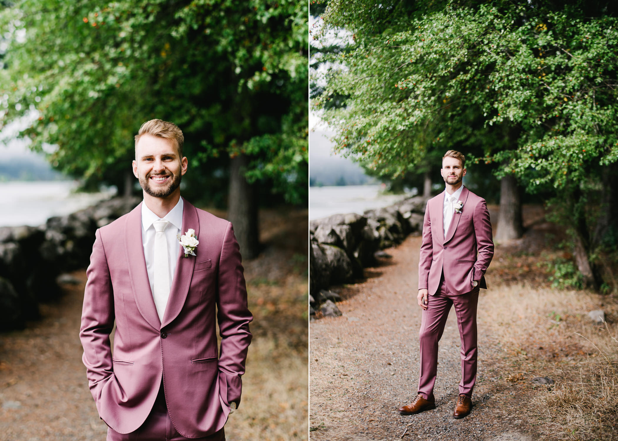  Portrait in nature of groom wearing purple suit, white tie and white boutonniere 