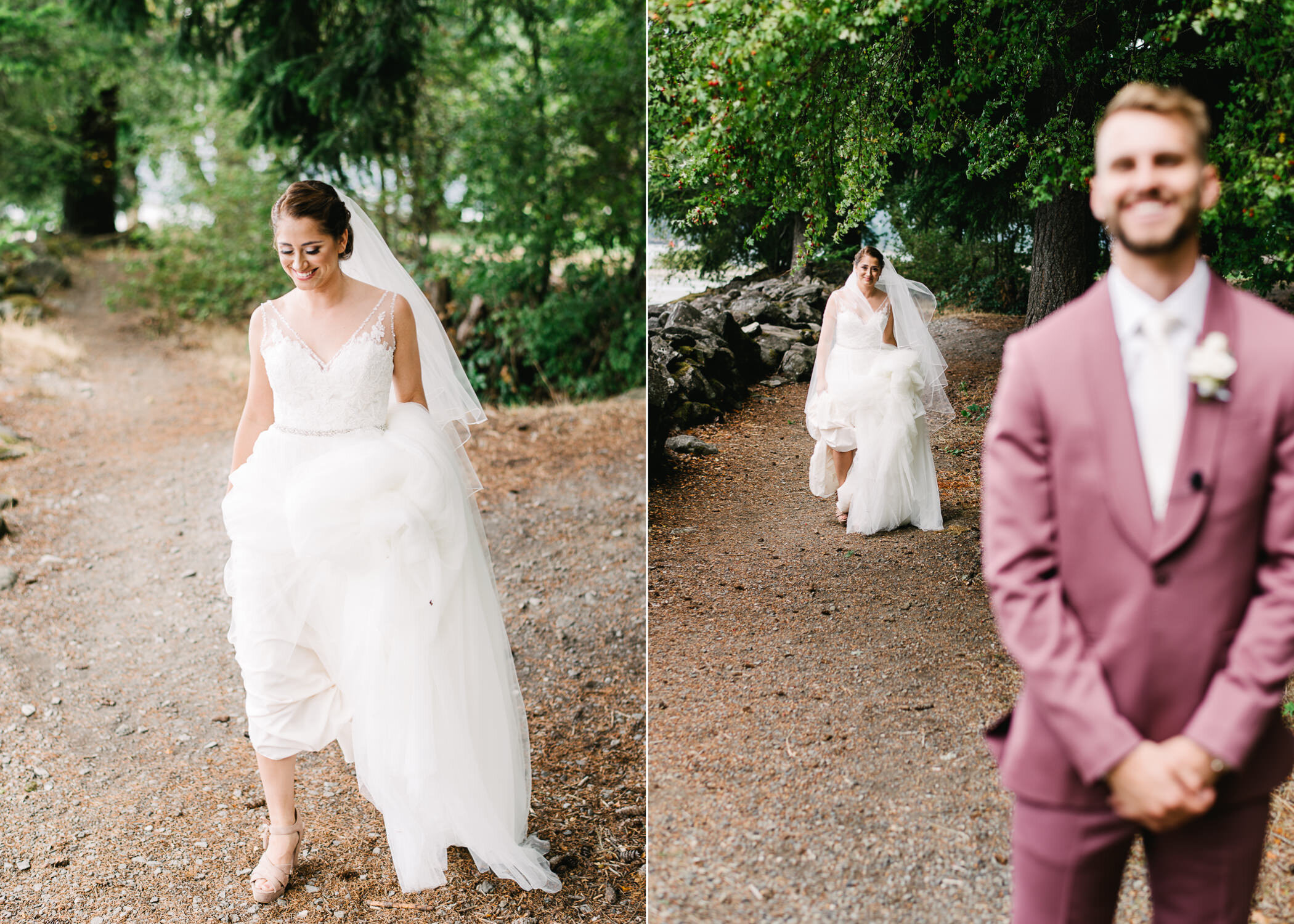  Bride walks with dress bundled up during first look moment 
