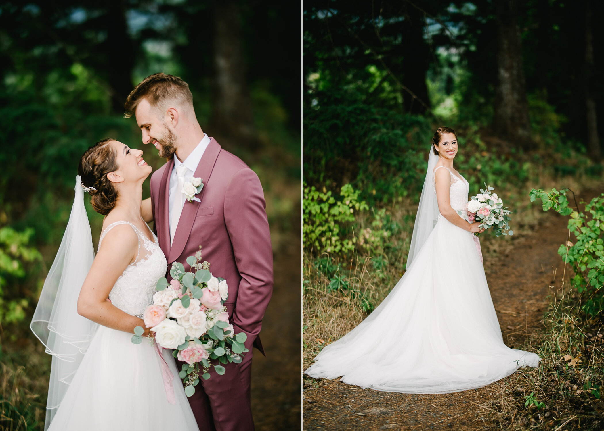  Bride and groom look at each other on hiking trail in Columbia gorge 