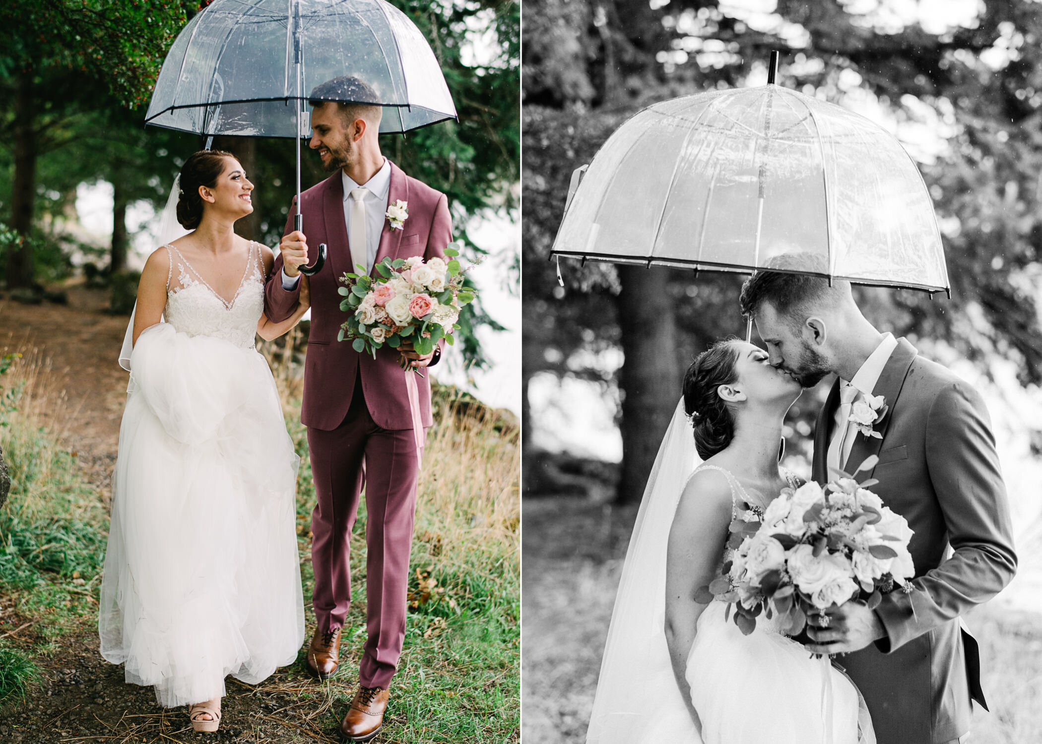  Walking under clear rain umbrella, bride and groom kiss 
