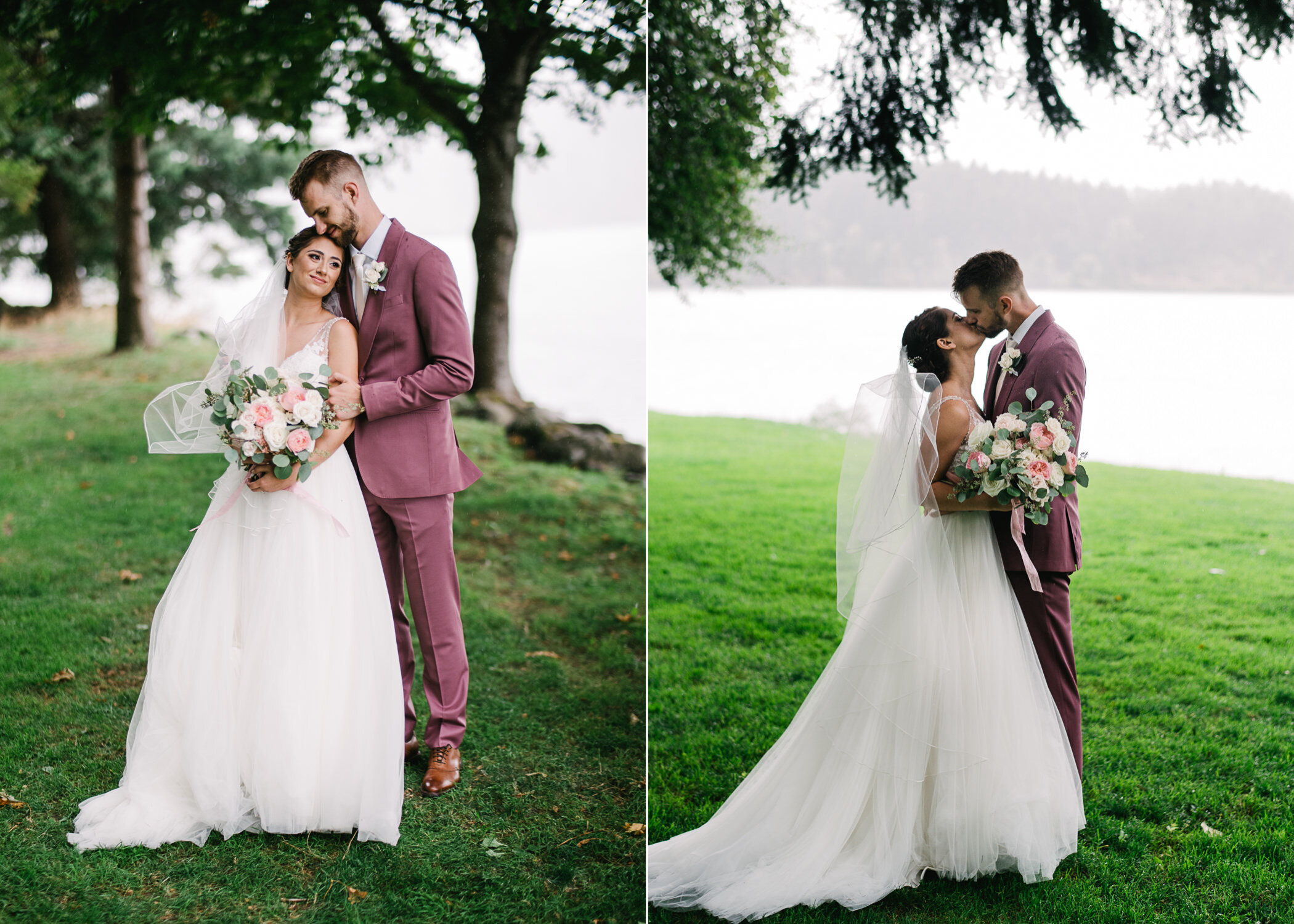  Groom in purple suit holds bride under trees by Columbia river 