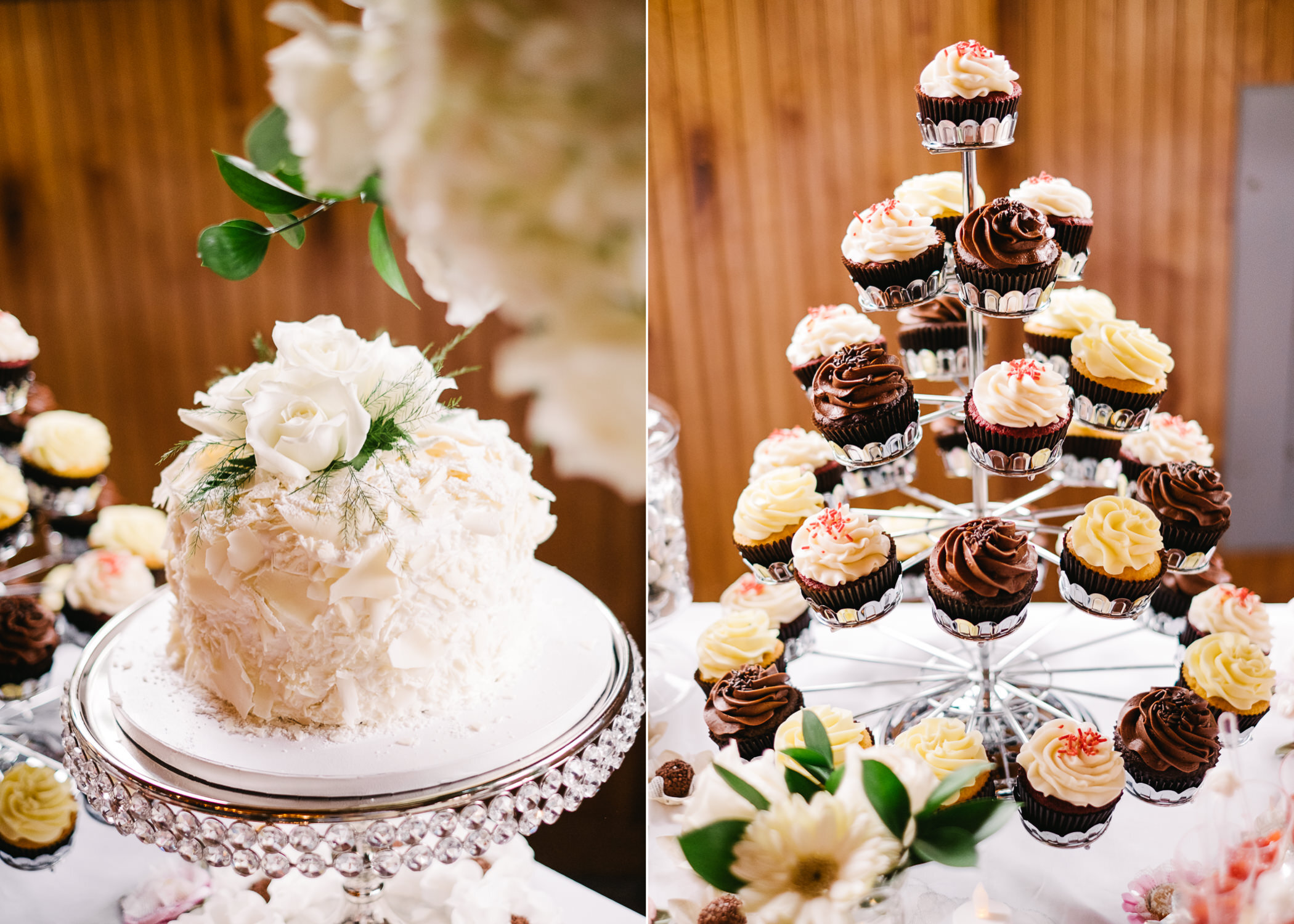  Cupcakes with pink sprinkles and white wedding cake with white roses 