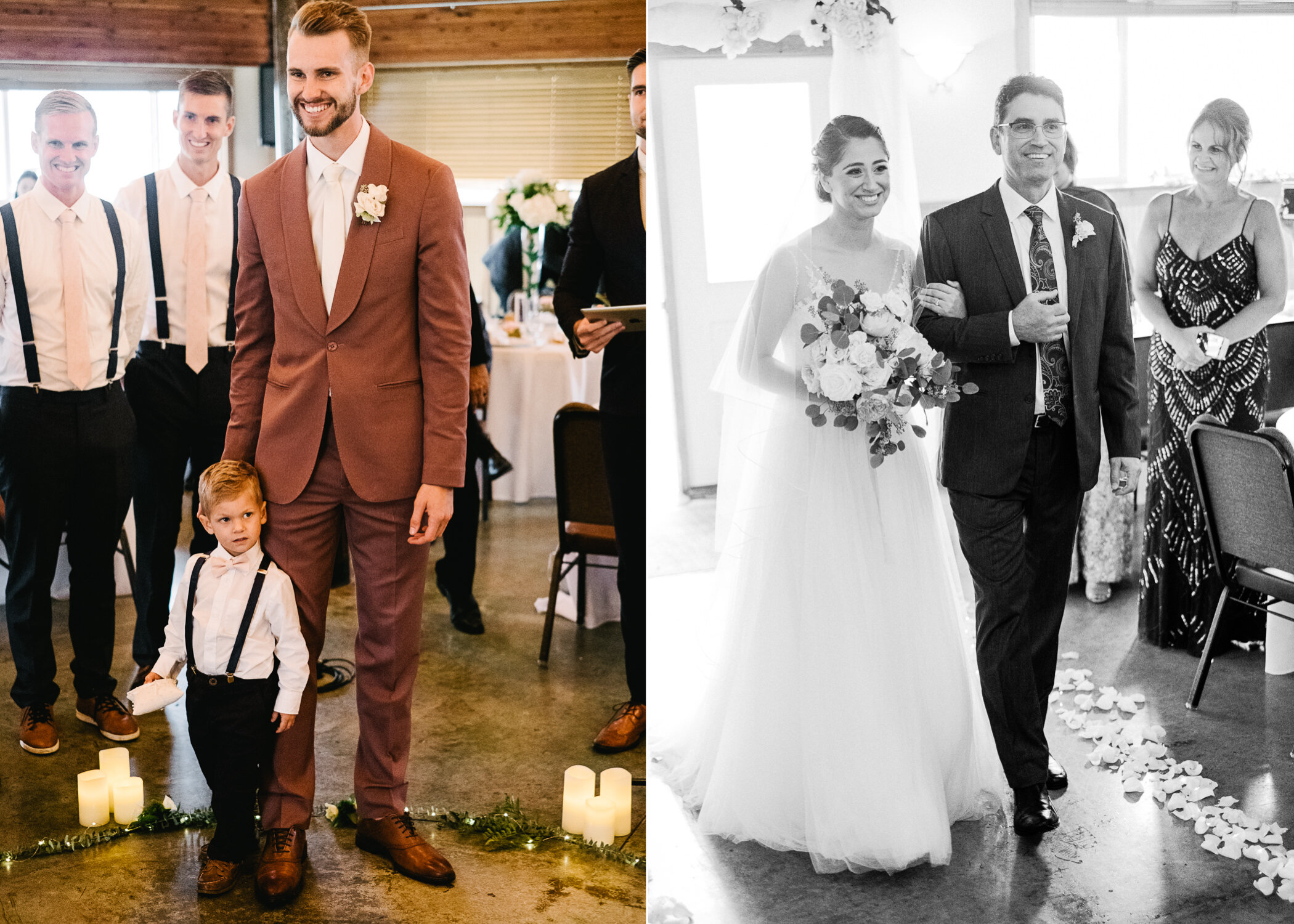  Groom in maroon suit stands with ring bearer as he sees bride approach aisle 