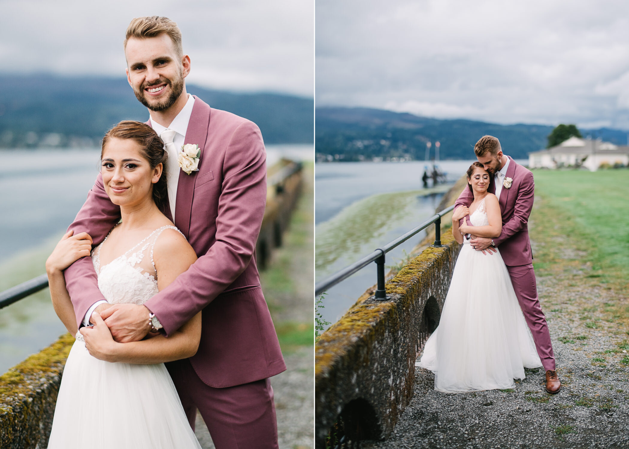 Evening light portraits of bride and groom in purple suit by Columbia river in overcast day 
