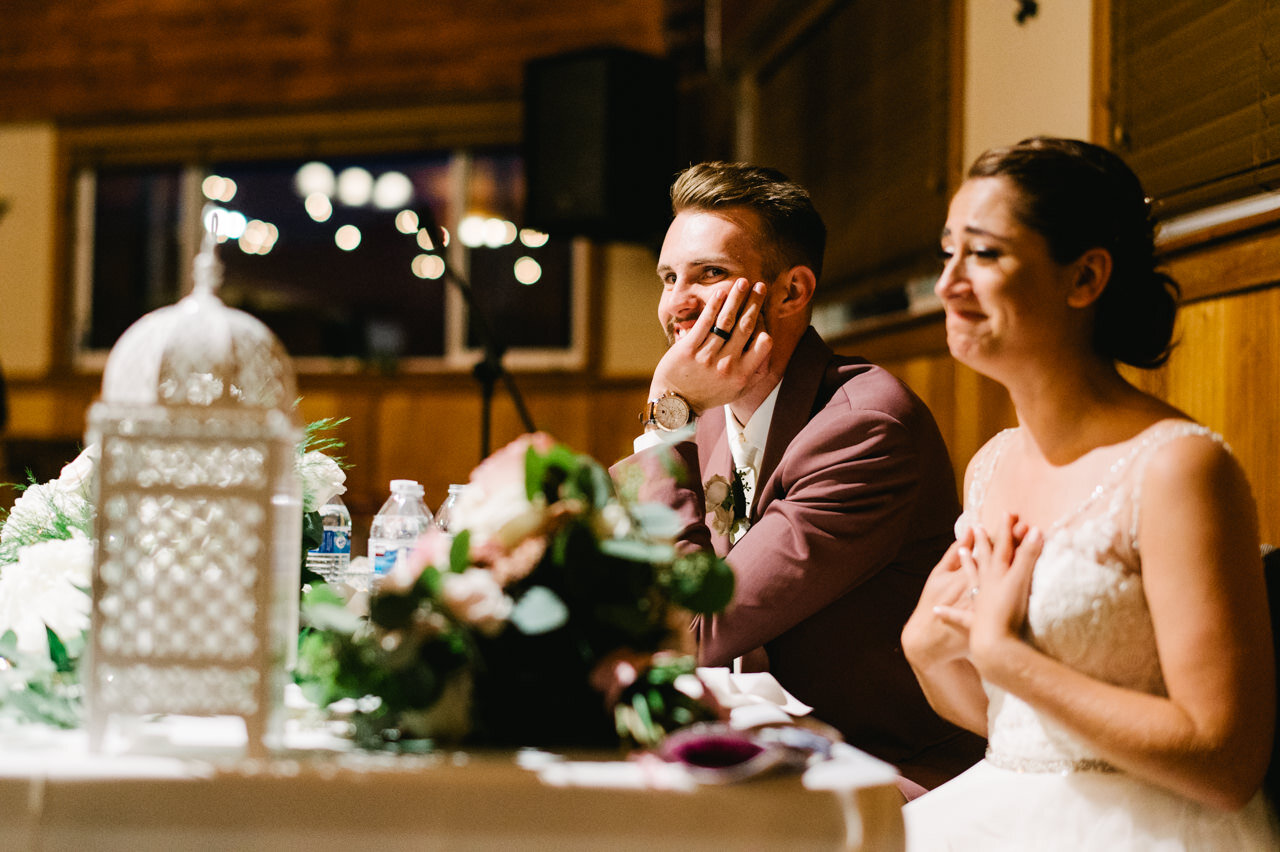  Groom smiles while bride holds her hands over her heart during toasts 