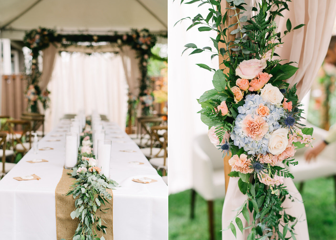  Wedding reception decor burlap with blue hydrangeas pink and orange blossoms 