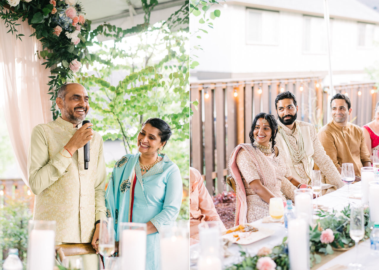  Welcome toast by brides parents during indian wedding reception in backyard 