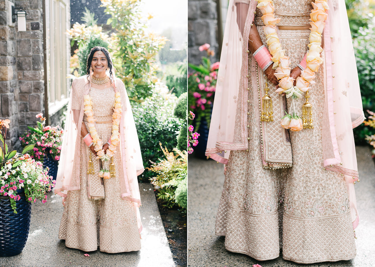  Details of indian bride with gold jewelry, white and peach necklace florals and pink sari 