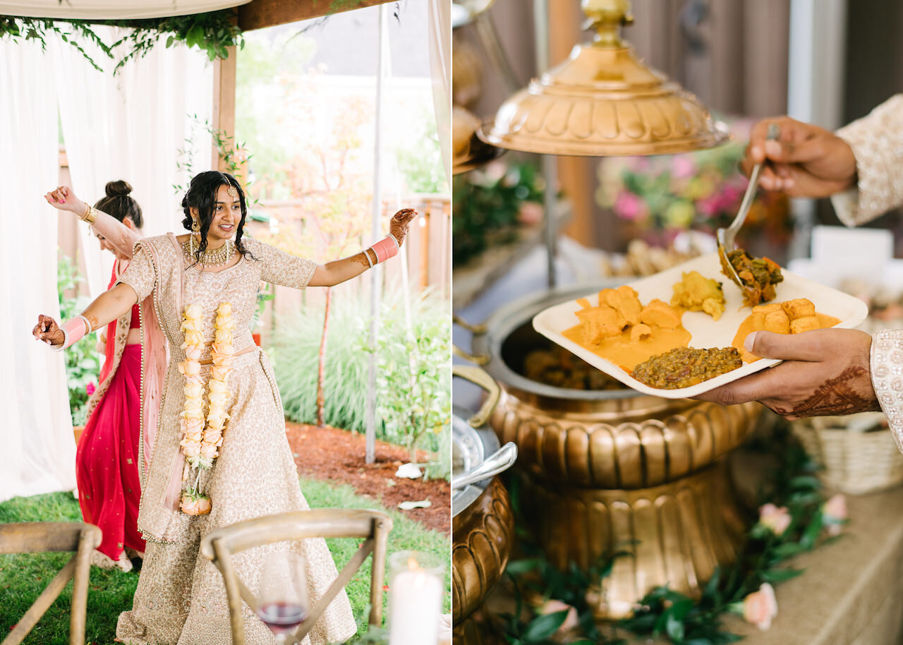  Guest scooping up indian wedding aloo and samosas 