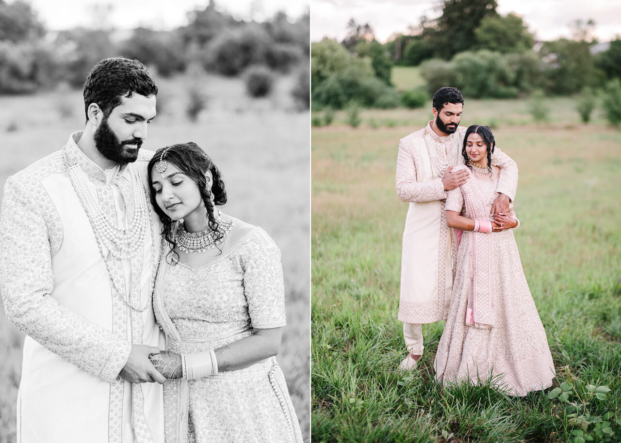  Intimate moments of indian bride and groom just married standing in field 