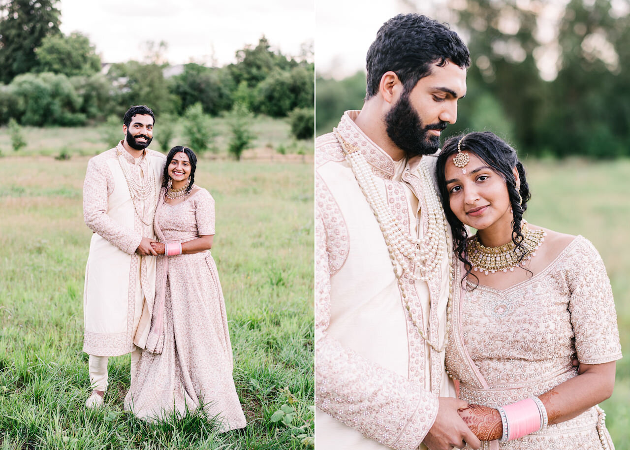  Bride and groom smiling together dressed in gold and pink sari 