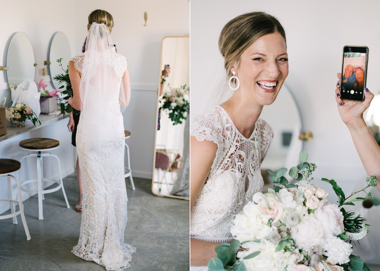  Bride laughing while posing with parents on FaceTime 