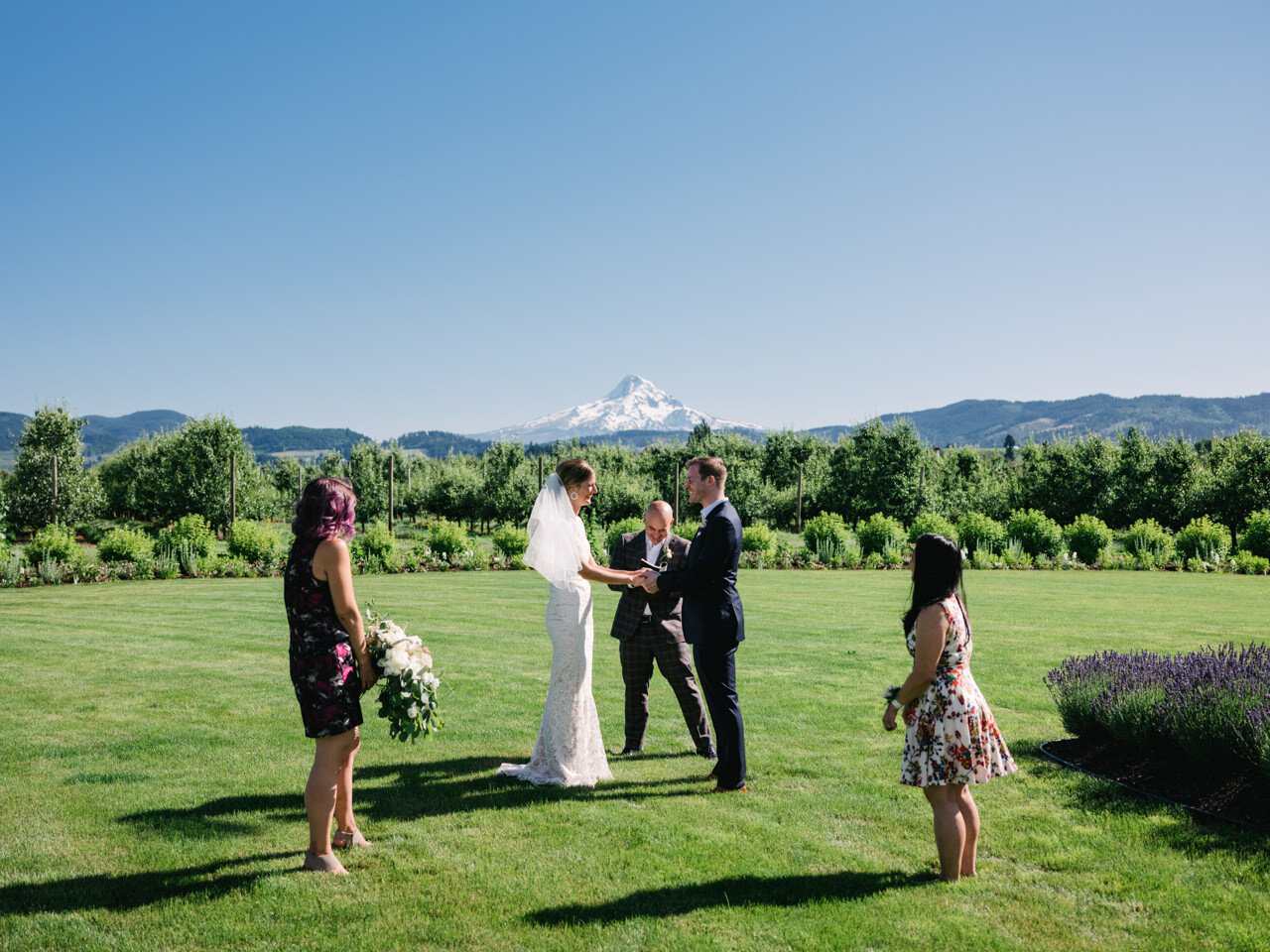  Small elopement at the orchard in front of mt hood in sunshine 