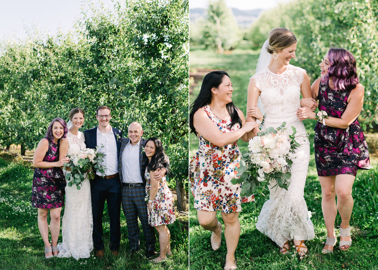  Elopement group portrait with bride and groom and walking in orchard together 