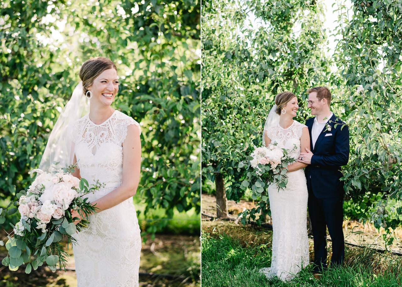  Bride and groom portrait in green orchard smiling authentically 