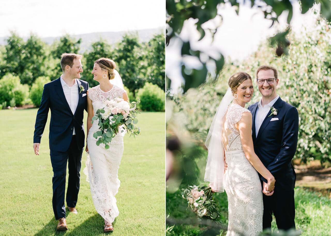  Wedding portraits at the orchard walking together in blue suit and lace wedding dress 