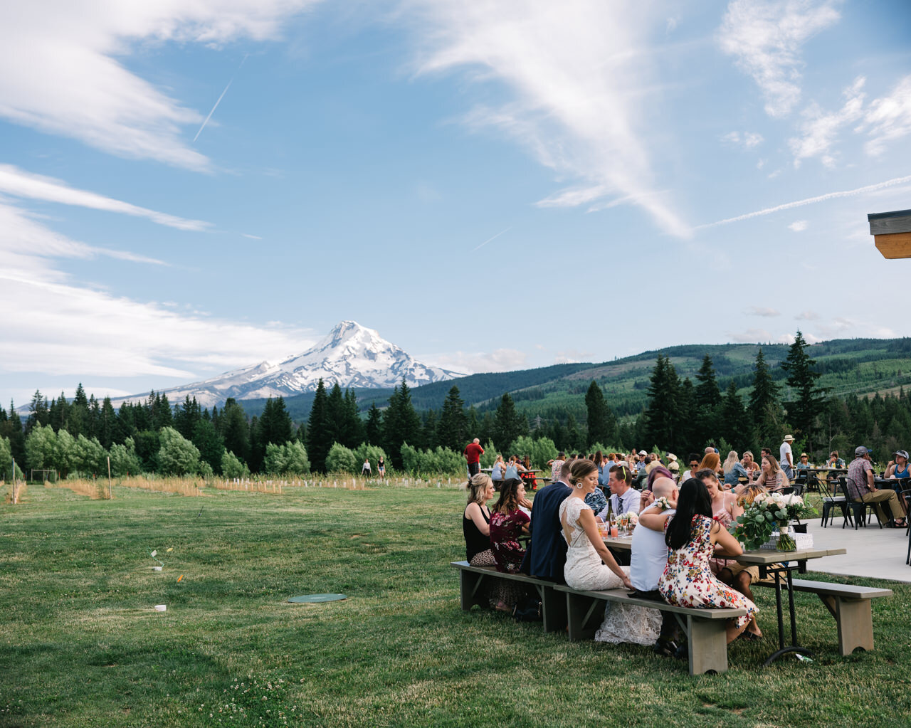  Grateful vineyards wedding elopement dinner in front of mt hood and blue skies 