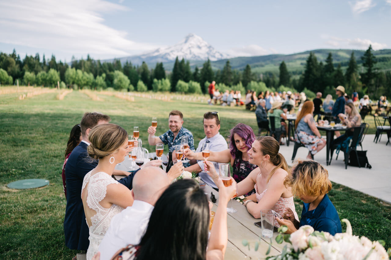  Small group at wedding reception dinner toast in front of mt hood 