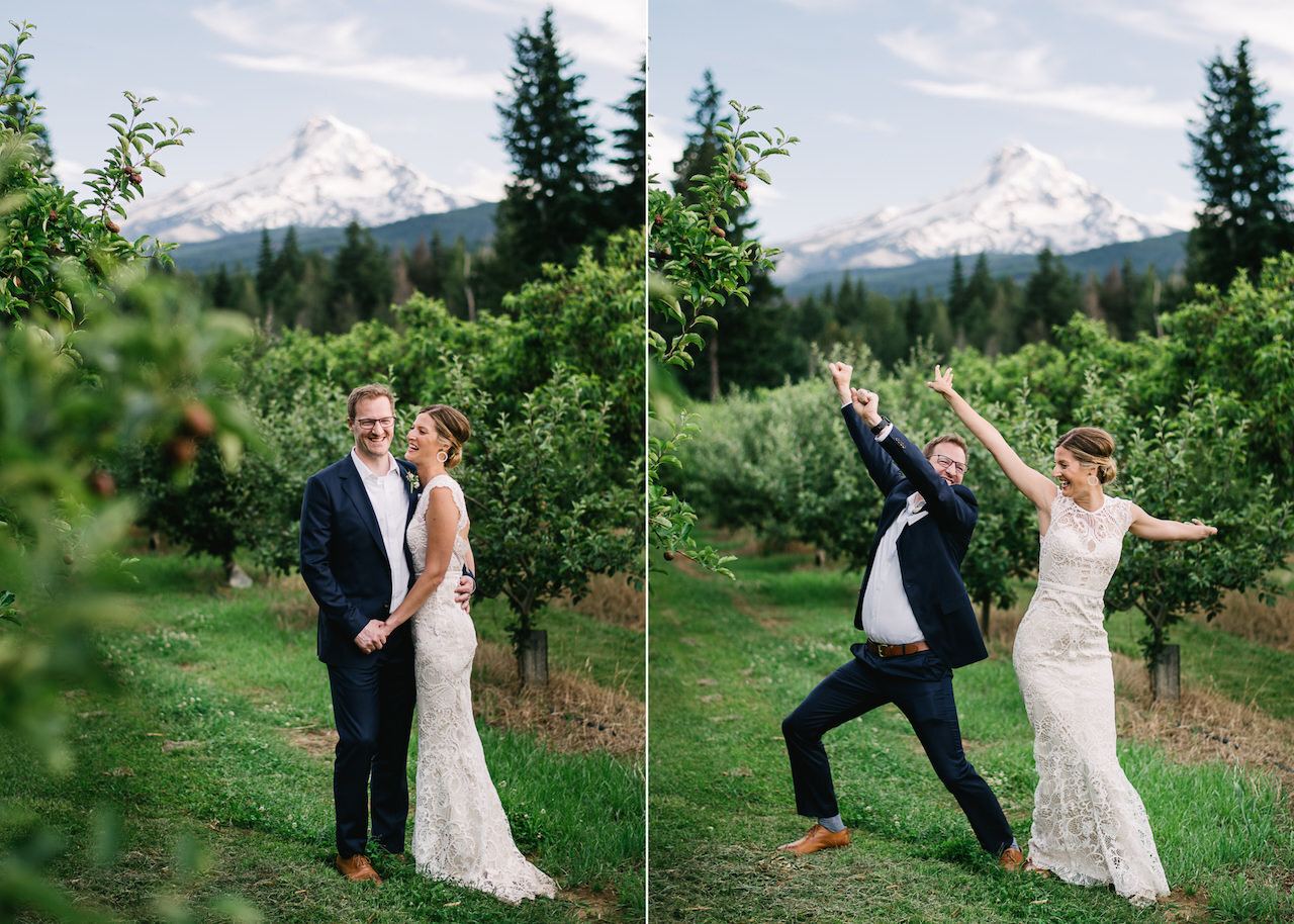  Funny celebration wedding portraits in front of mt hood in orchard trees 