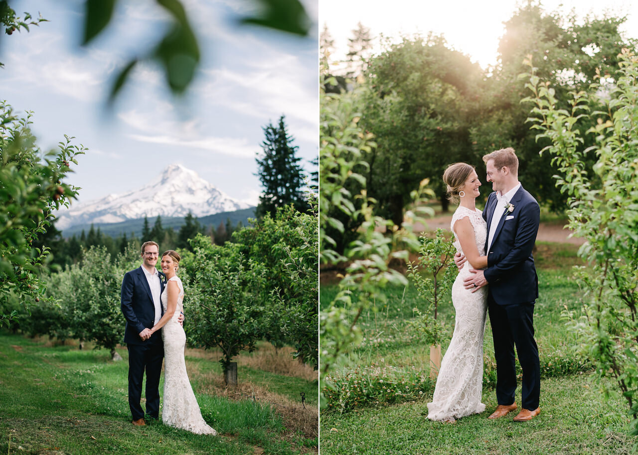  Bride and groom surrounded by orchards and mt hood in sunlight 