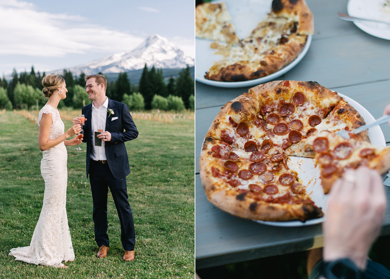  Bride and groom share toast and pizza in front of mt hood at grateful vineyards 