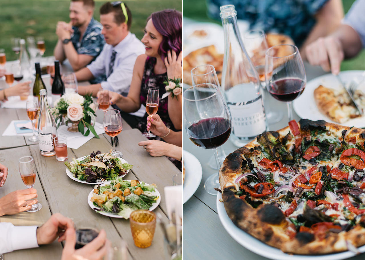  Grateful vineyard wood fired pizza and wine at elopement reception dinner 