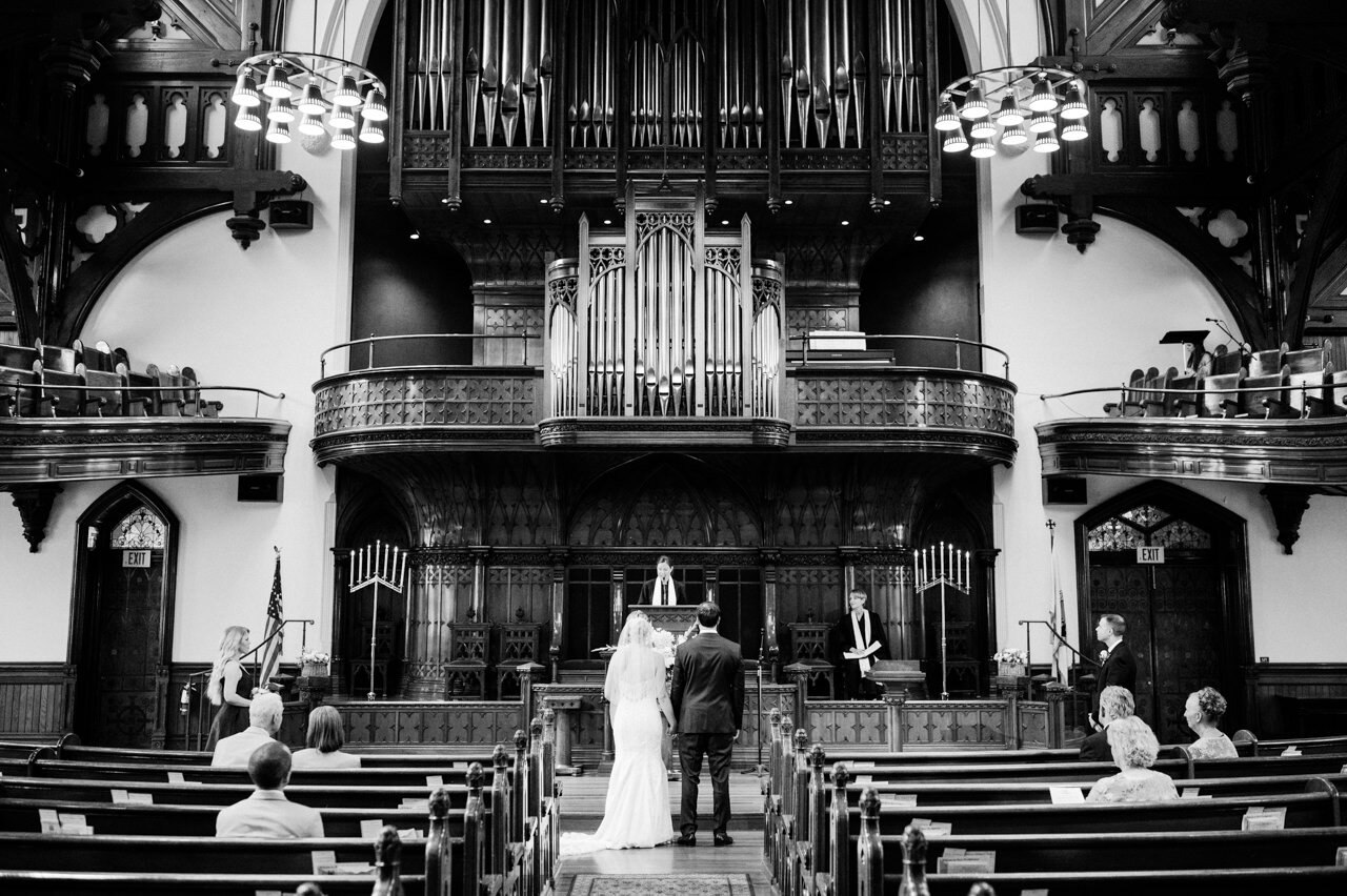  Wide angle photograph of wedding in first presbyterian church in portland 